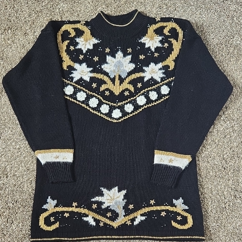 Vintage Dana Scott Black and Gold Cowl Neck Silver&Gold Beadwork Size Large